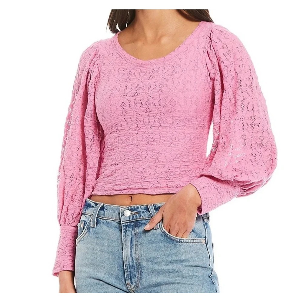 Free People Women's Tea Time Top Plumeria Pink Lace Balloon Sleeve Top Medium